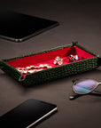 Rectangular leather valet tray, green croc with red, lifestyle