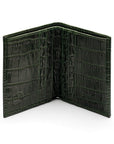 RFID compact leather billfold wallet 4 CC, green croc, open view