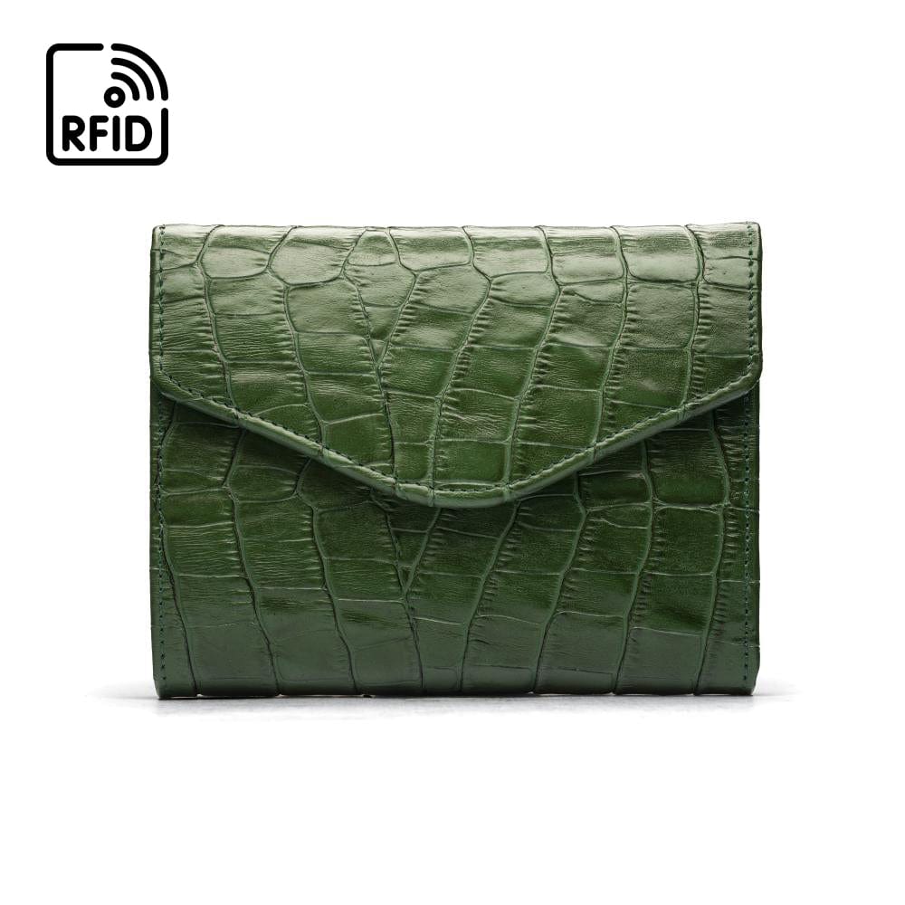 RFID Large leather purse with 15 CC, green croc, front