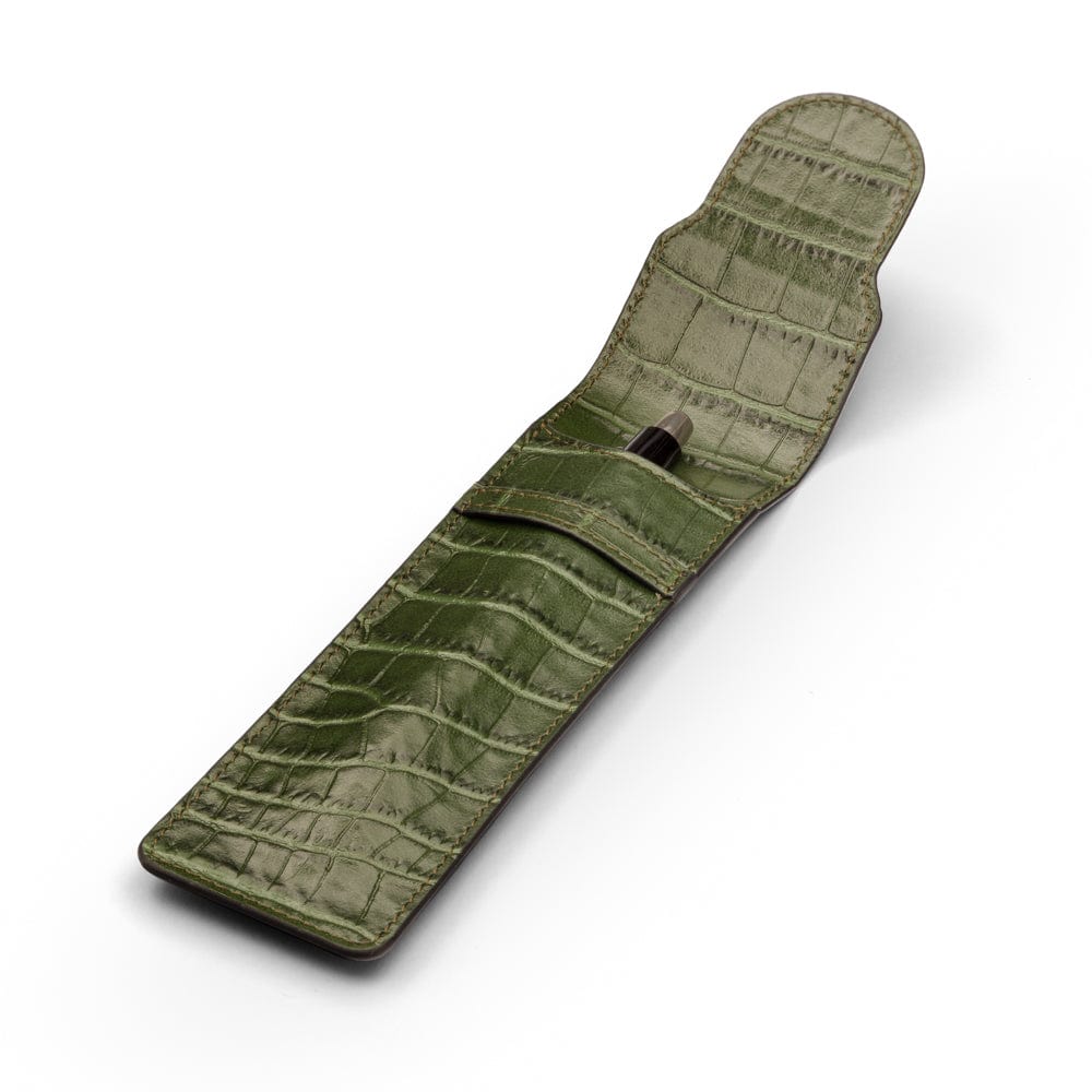 Single leather pen case, green croc, open