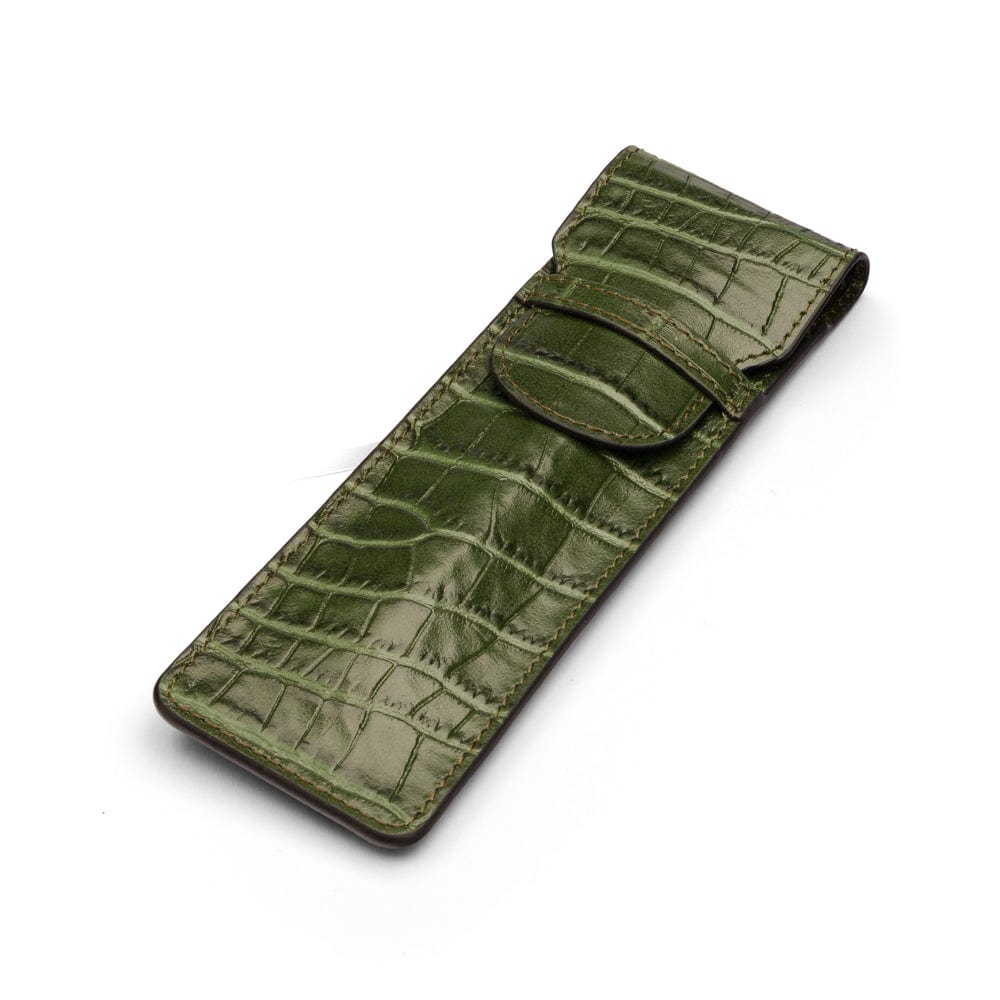 Single leather pen case, green croc, front