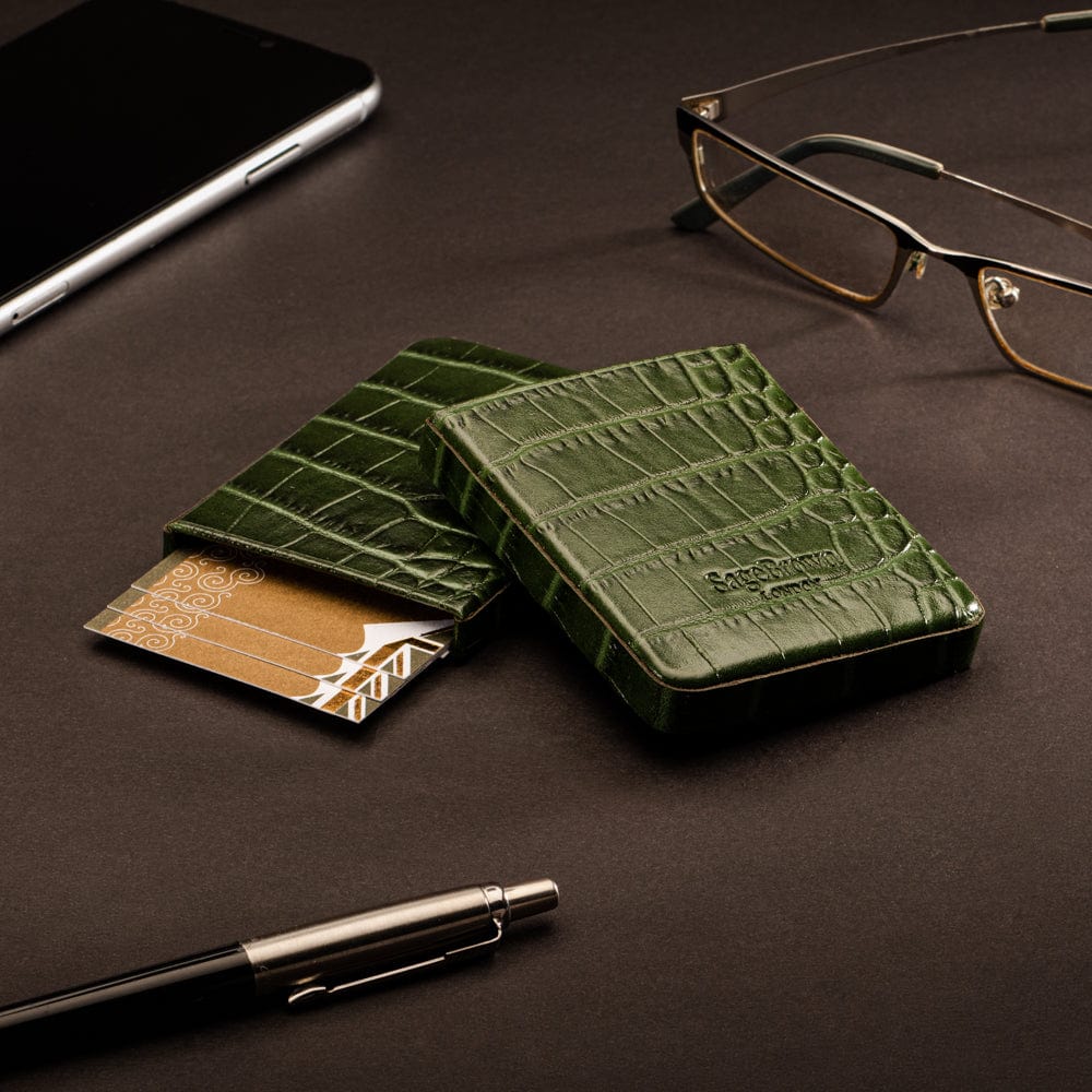 Pull apart business card holder, green croc, lifestyle