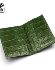 RFID leather credit card holder, green croc, open view