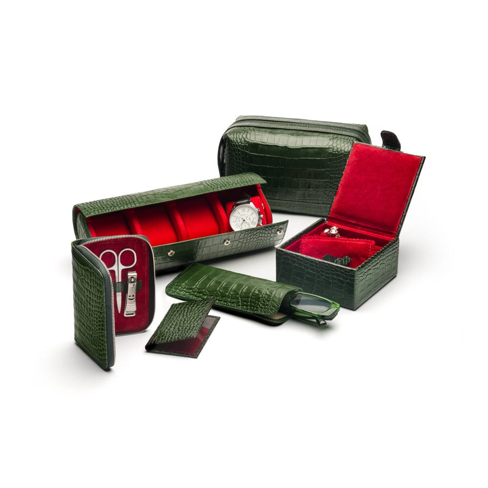 Leather travel card wallet, green croc, matching accessories