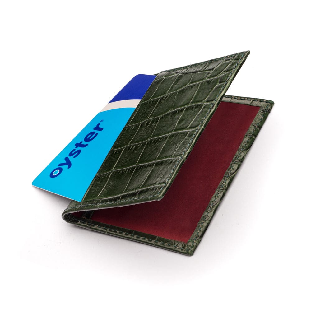 Leather travel card wallet, green croc, front