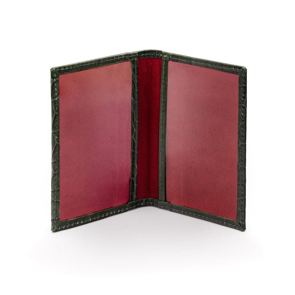 Leather travel card wallet, green croc, inside