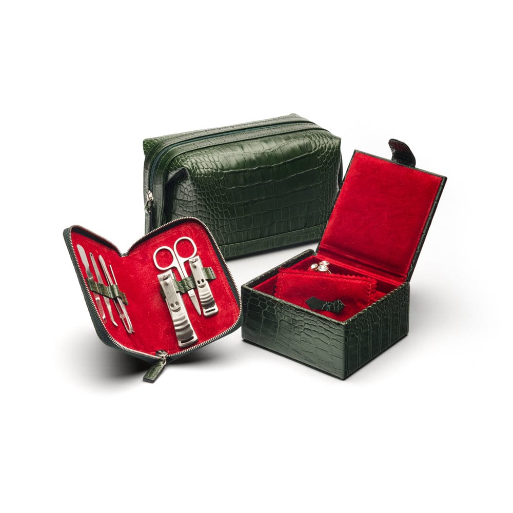 Compact leather jewellery box, green croc, lifestyle