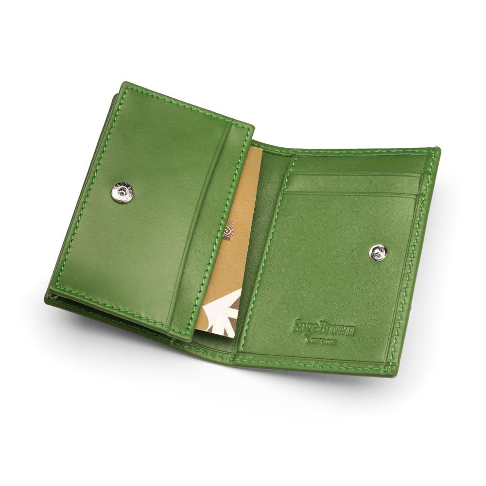 Expandable leather business card holder, green, inside