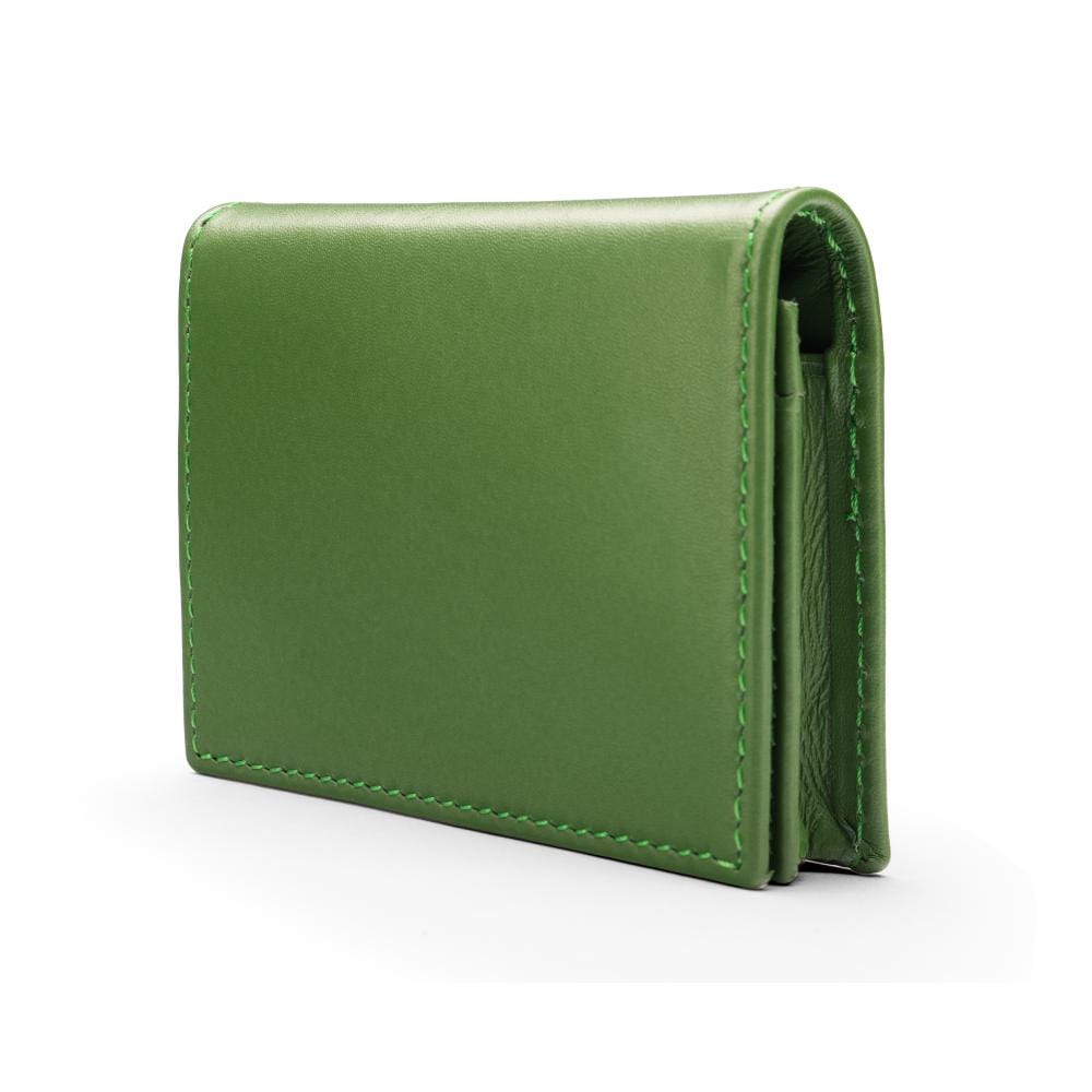 Expandable leather business card holder, green, side