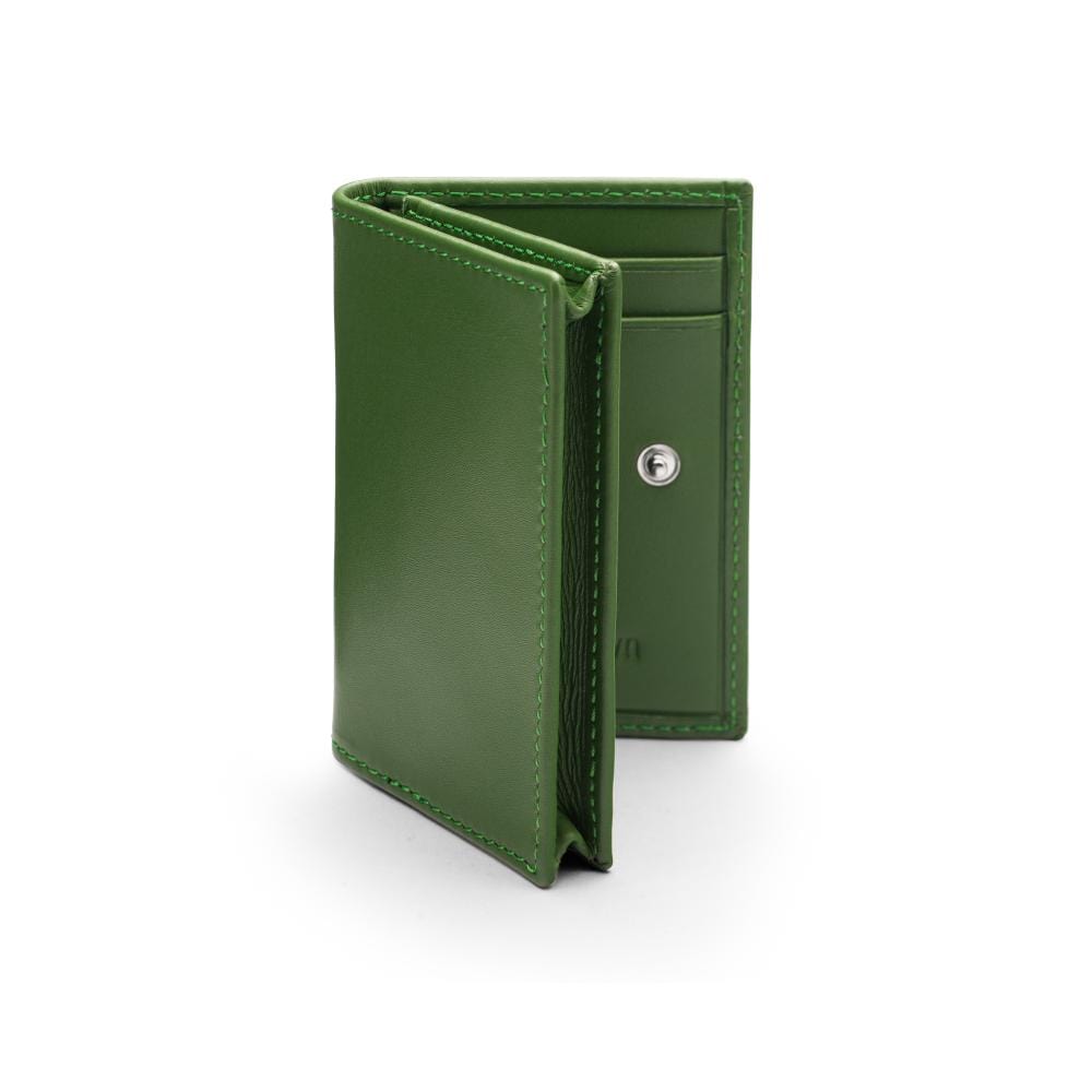 Expandable leather business card holder, green, front