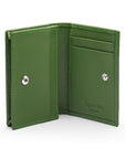 Expandable leather business card holder, green, open