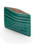 Flat woven leather card holder, green, open