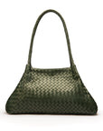 Midi woven leather bag, green, trapeze shape