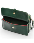 Small leather shoulder bag, green saffiano, front pocket open