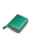 Small zip around woven leather accordion purse, green, front