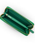 Tall leather zip around accordion purse, green, inside