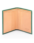 Bifold leather wallet with 6 credit cards, green with ivory, open