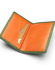 Woven leather card holder, green with orange, inside