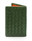 Woven leather card holder, green with orange, back
