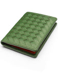 Woven leather card holder, green with orange, front