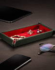 Rectangular Leather Valet Tray - Green With Red