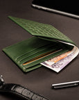 Woven leather wallet with 6 credit card slots, green, lifestyle