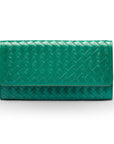 Woven leather concertina purse, green, front