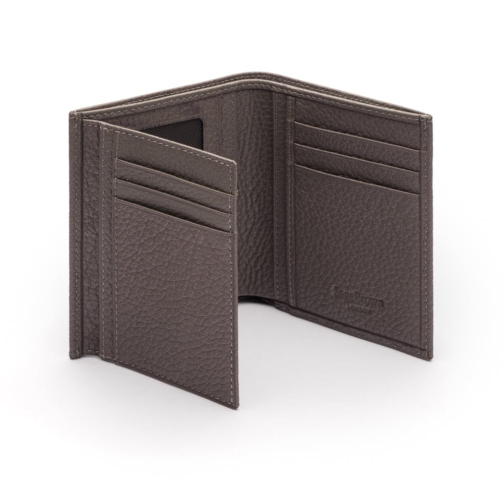 Compact leather wallet with 6 credit card slots and 2 ID windows, grey, inside