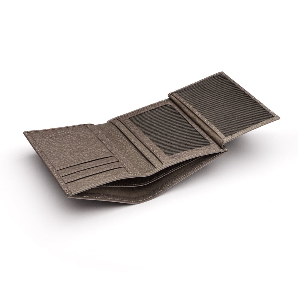 Compact leather wallet with 6 credit card slots and 2 ID windows, grey, open
