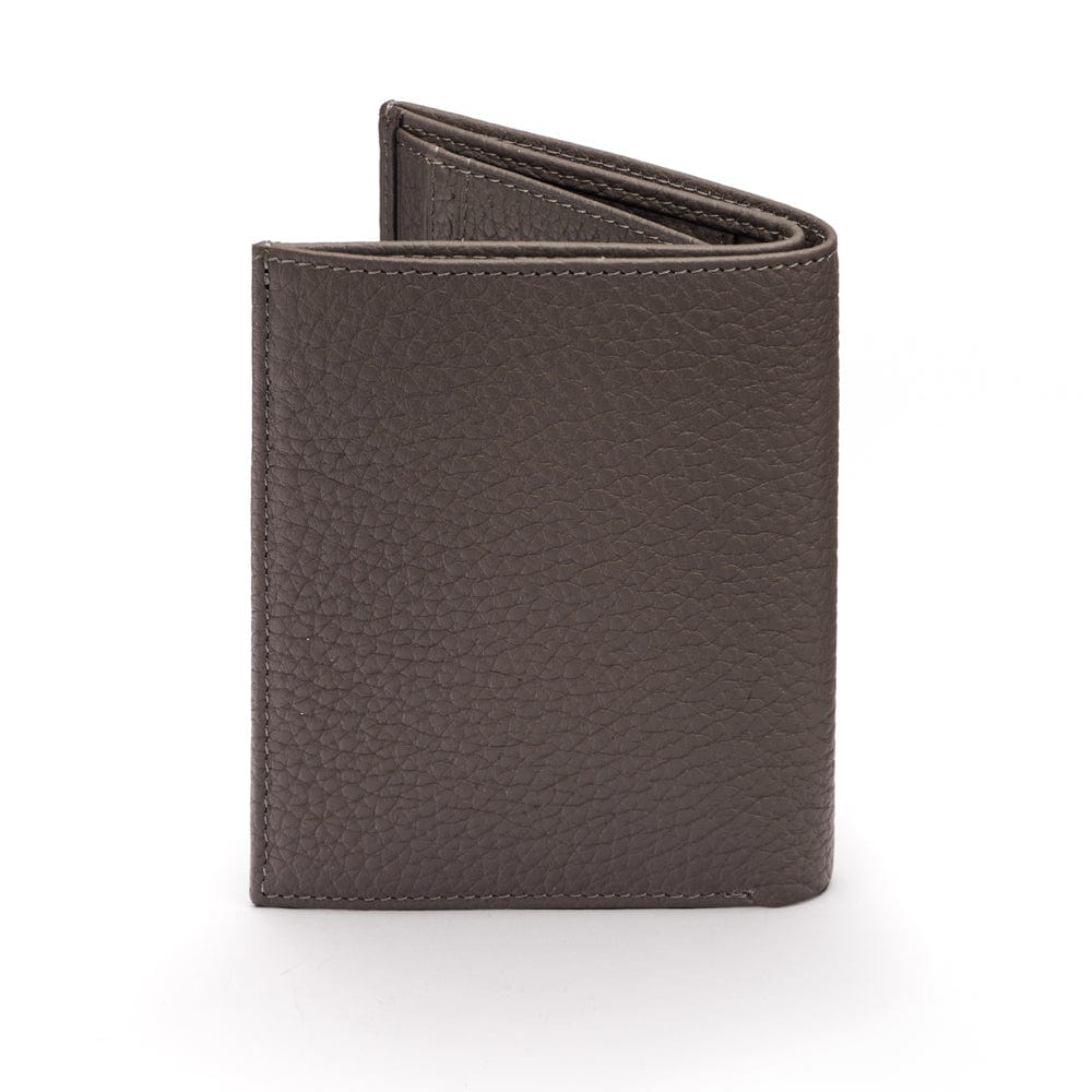Compact leather wallet with 6 credit card slots and 2 ID windows, grey, back