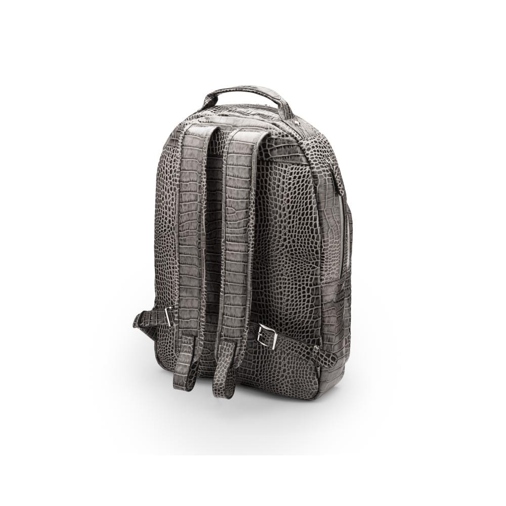 Men's leather 15" laptop backpack, grey croc-effect, back side