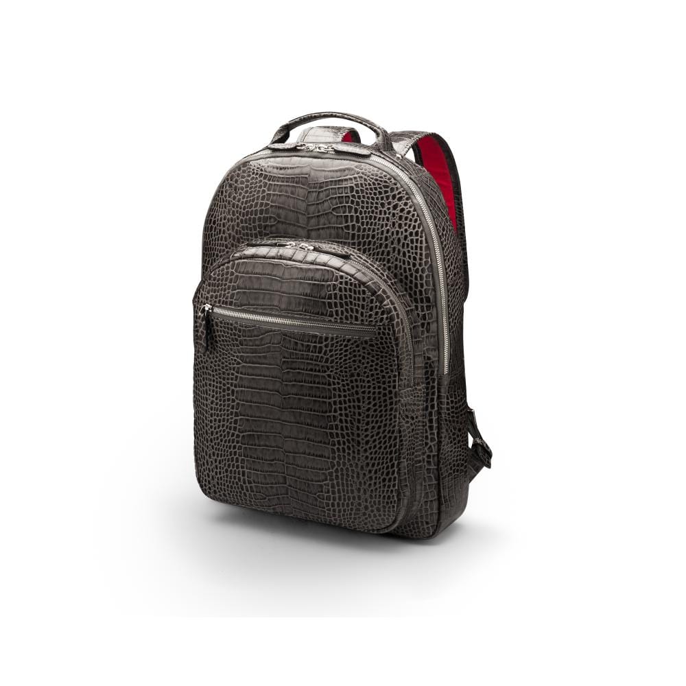 Men's leather 15" laptop backpack, grey croc-effect, side
