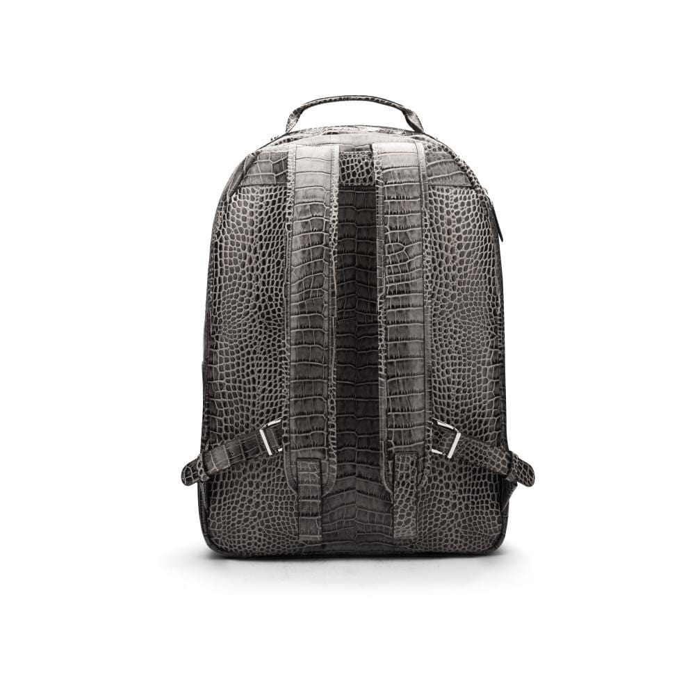 Men's leather 15" laptop backpack, grey croc-effect, back