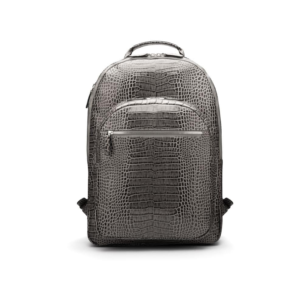 Men's leather 15" laptop backpack, grey croc-effect, front