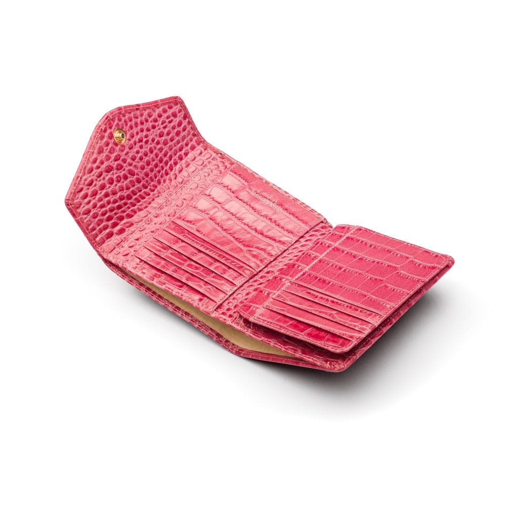Large leather purse with 15 CC, cerise pink croc, open