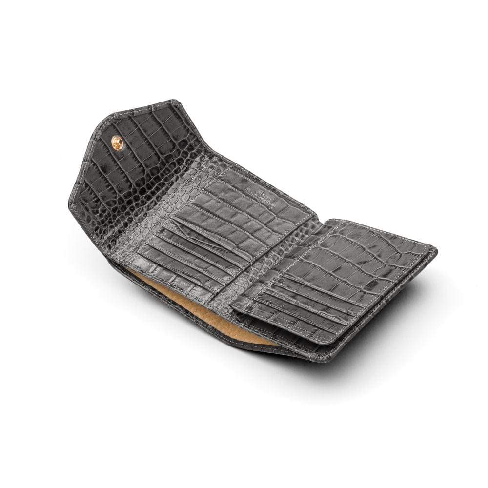 Large leather purse with 15 CC, grey croc, open