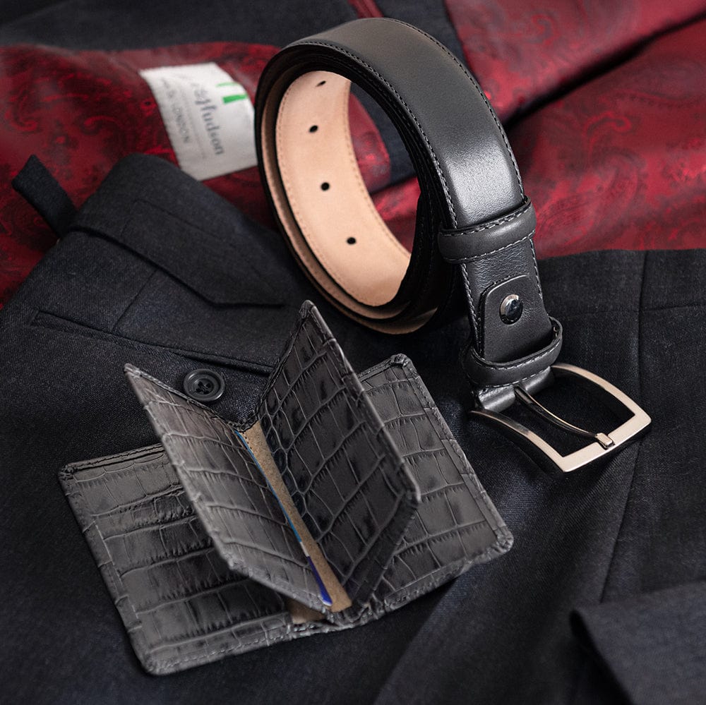 Leather bifold card wallet, grey croc, lifestyle view