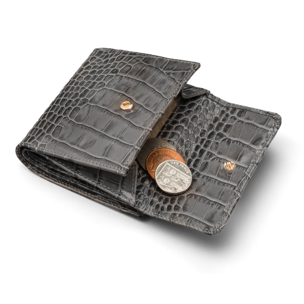 Leather purse with equestrain clasp, grey croc, coin purse