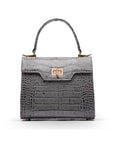 Mini leather Morgan Bag, top handle bag, grey croc, front