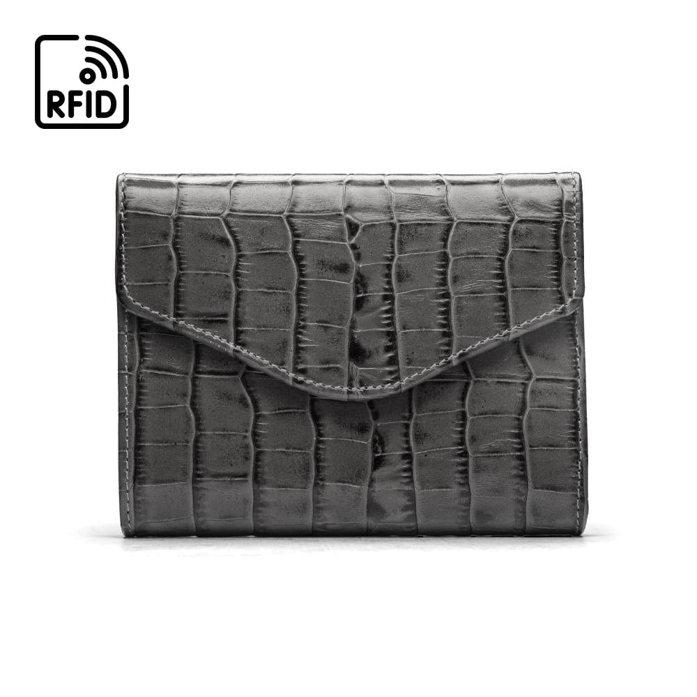 RFID Large leather purse with 15 CC, grey croc, front