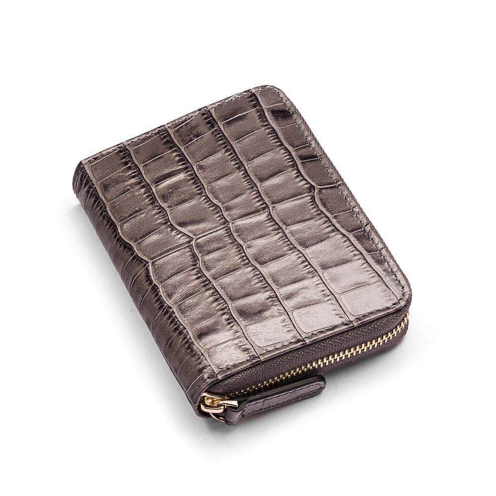 Small leather zip around accordion coin purse, grey croc, front view