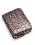 Small leather zip around accordion coin purse, grey croc, front view