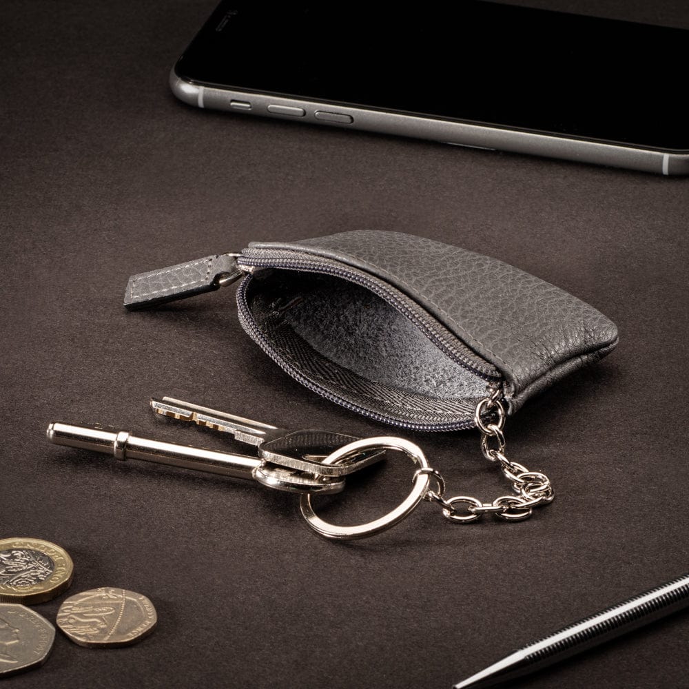 Miniature leather coin purse with key chain, grey, lifestyle
