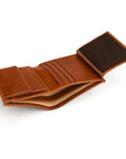 Compact RFID leather wallet with coin purse, Havana tan, inside