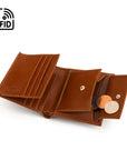 Compact RFID leather wallet with coin purse, Havana tan, open