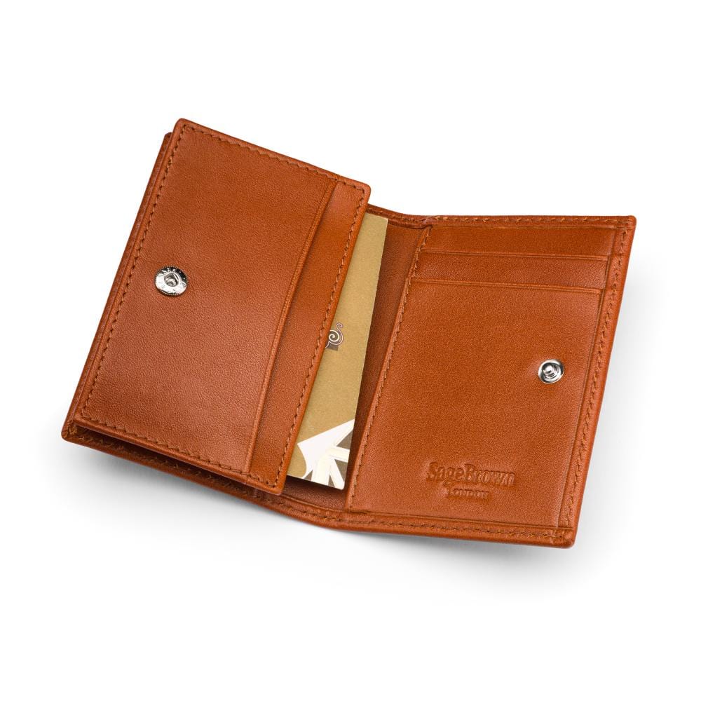 Expandable leather business card holder, havana tan, inside