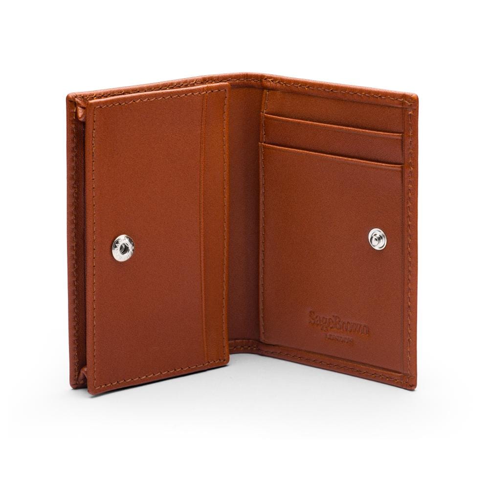 Expandable leather business card holder, havana tan, open