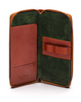 Leather zip around triple pen case, havana tan, open