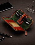 Leather zip around triple pen case, havana tan, lifestyle