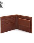 RFID leather wallet with coin purse, Havana tan, open